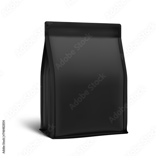 Realistic black gusset bag isolated on white background for sport nutrition. Half side view. Vector illustration. Can be use for template your design, presentation, promo, ad. EPS 10.