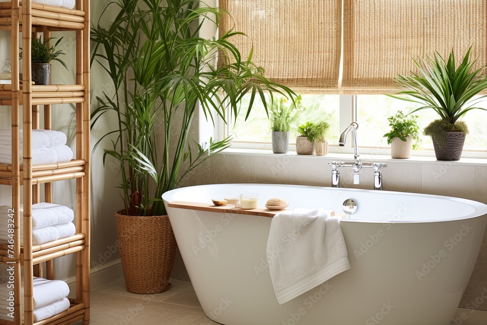 Sunny Bathroom Oasis: Bamboo Blinds and Lush Greenery Sunny Bathroom Oasis: Bamboo Blinds and Lush Greenery