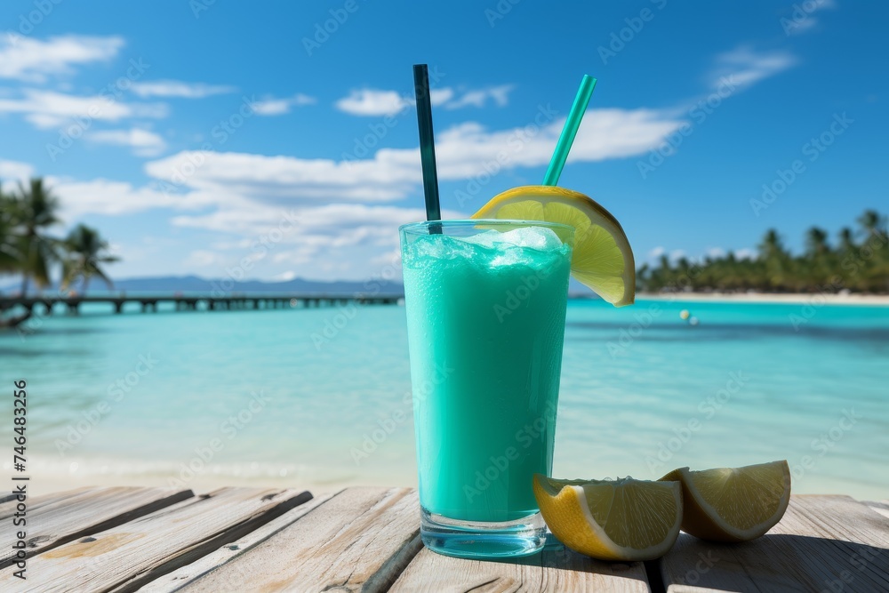 Obraz premium Refreshing tropical beverage in glass against beautiful sea backdrop during relaxing beach vacation.