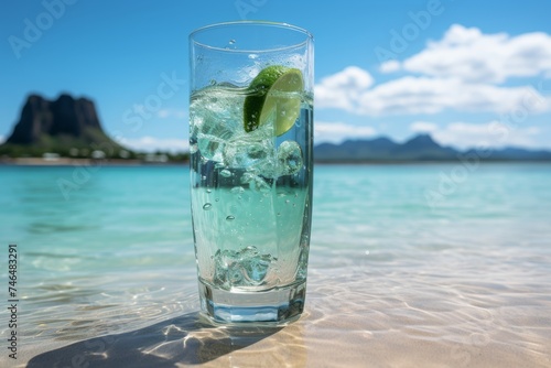 Refreshing tropical beverage in glass on right side of sandy beach with tranquil ocean background.
