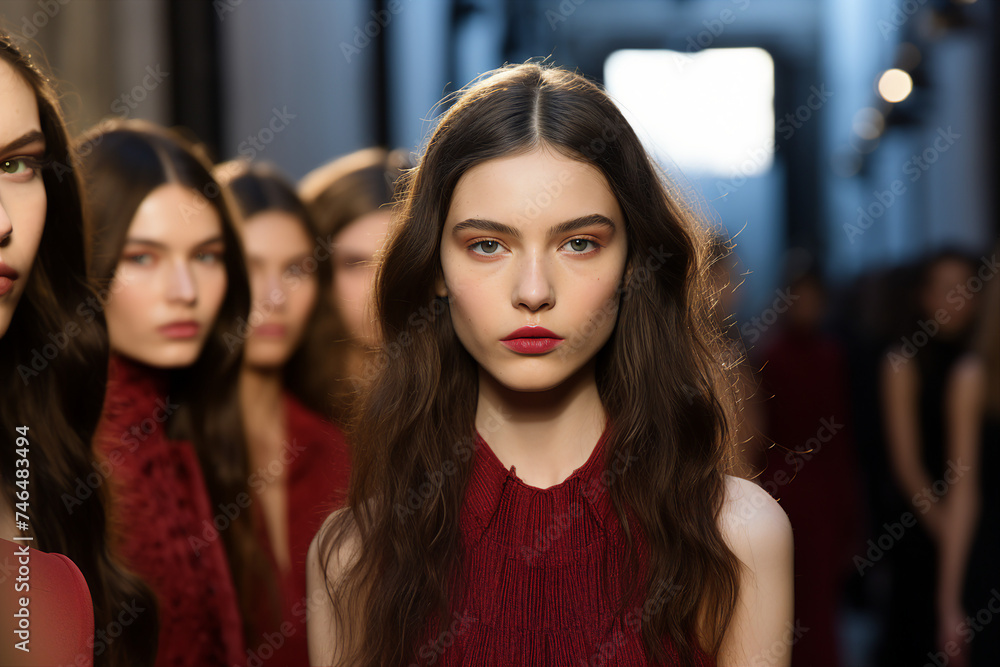 Generative AI picture of High fashion show with beautiful young male female model in fine designers outfit Generative AI Generative AI picture of High fashion show with beautiful young male female model in fine designers outfit Generative AI
