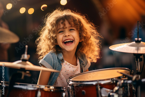 Picture of a happy charming little funny girl playing with a drum set on stage made with generative AI