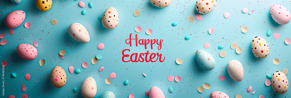 Happy Easter festive banner with easter eggs flat lay Happy Easter festive banner with easter eggs flat lay