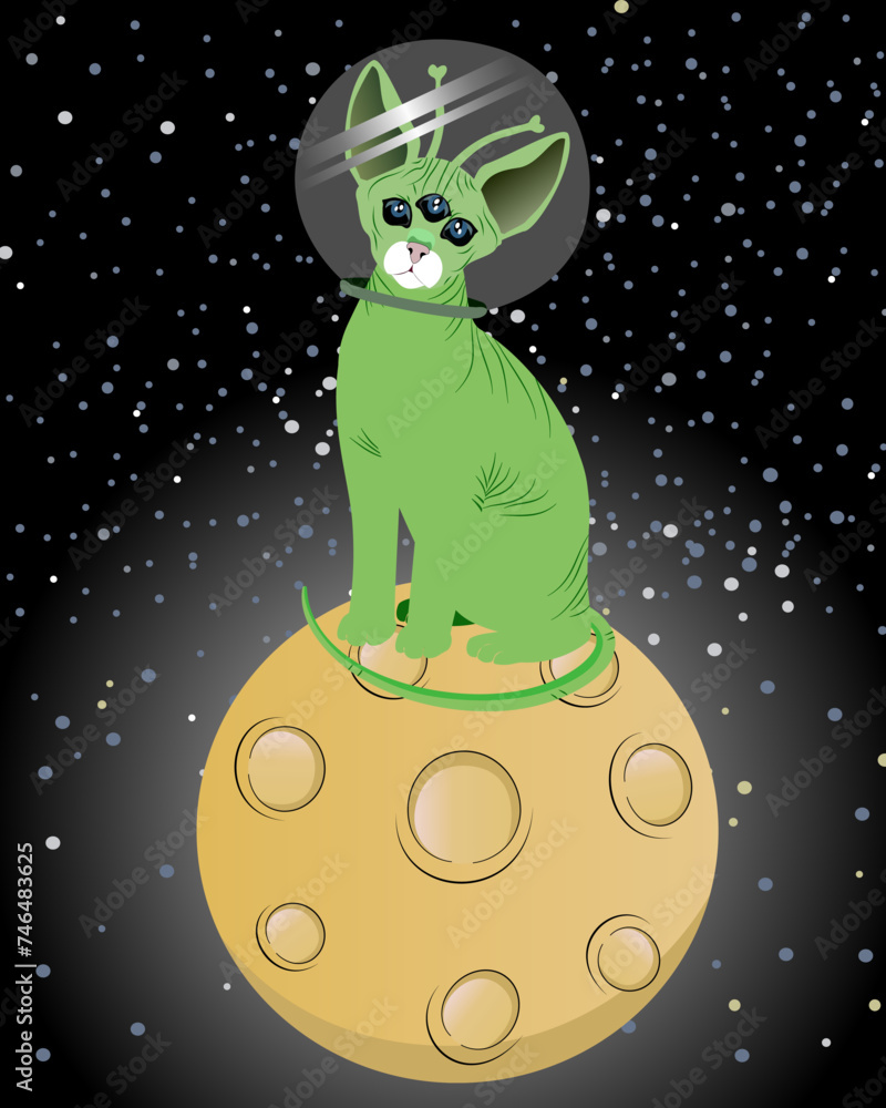 Fototapeta premium A green alien cat sits on the moon in outer space