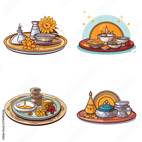 Puja Thali (Religious Plate with Ritual Items). simple minimalist isolated in white background vector illustration