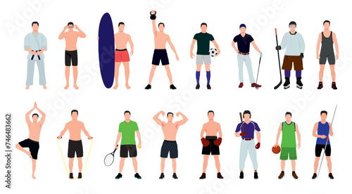 Set of various male athletes. Collection of different men sportsperson. 
