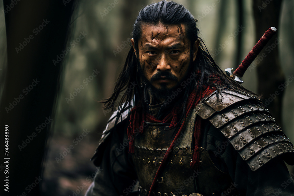 Generative AI picture of brave samurai warrior in fantasy forest