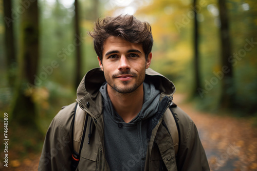 Portrait of nice guy young student walking in autumn park enjoying nature generative AI