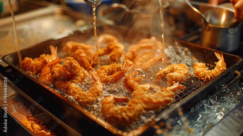 Fried shrimps in a pan.