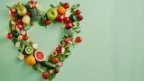 Vegetables and fruits in the shape of a heart on green background. Concept of healthy eating, vegetarianism, health care, health day, with copy space