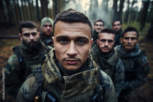 Picture of confident strong soldiers fully equipped looking camera in a forest made with generative ai