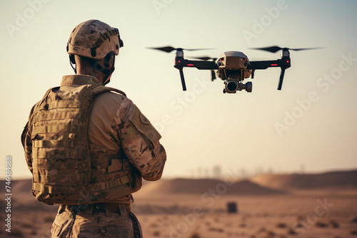 Generative AI illustration of military launches a combat drone in field for a special operation photo