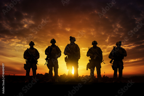 Armed and strong soldiers of special forces fighting against aggressors on sunset background made with generative AI