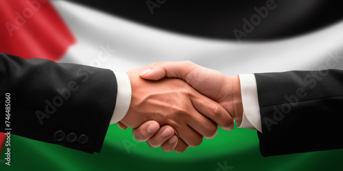 Businessman, diplomat in suits clasp hands for handshake over Palestine flag, agree on united success in trade, diplomacy, cooperation, negotiation, support, teamwork in commerce, gesture of greeting
