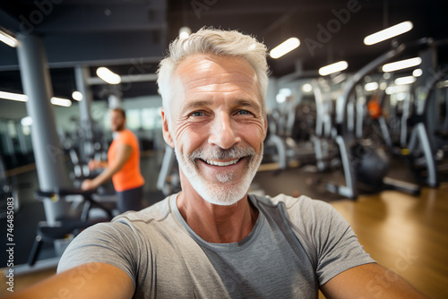 Elderly people pensioners working out in modern interior big spacious gym Generative AI illustration