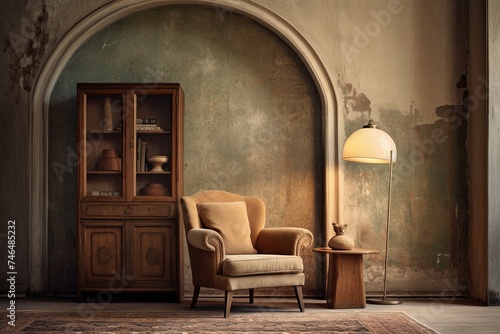 Time-worn Vintage Living Room  Arch Doorway  Classic Lamp   Bygone Elegance