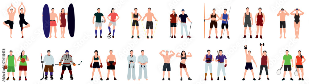 Sports people set. athletes characters men and women Vector illustration in isolated white background. Sports people set. athletes characters men and women Vector illustration in isolated white background.