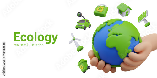 Ecological concept in plasticine style. Human palms hold Earth