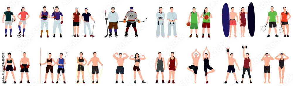 Set of male and female athletes. Collection of various athletes vector illustrations. Set of male and female athletes. Collection of various athletes vector illustrations.