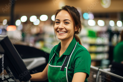 Smiling person working in supermarket grocery store department Generative Ai picture