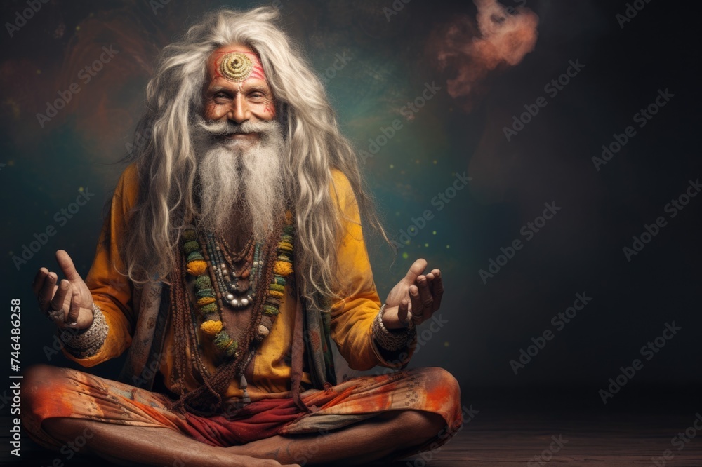Guru on meditating in yoga pose - obrazy, fototapety, plakaty 