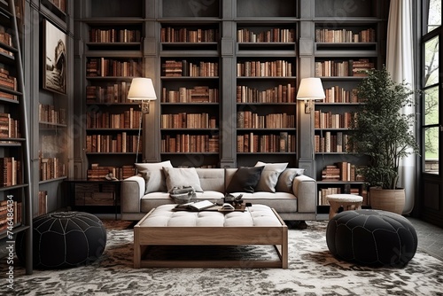 Timeless Classic Library Interiors: Concrete Contemporary flooring and Cozy Poufs Ensemble © Michael