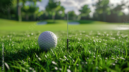 Golf ball near a hole with a pin flag on green grass.