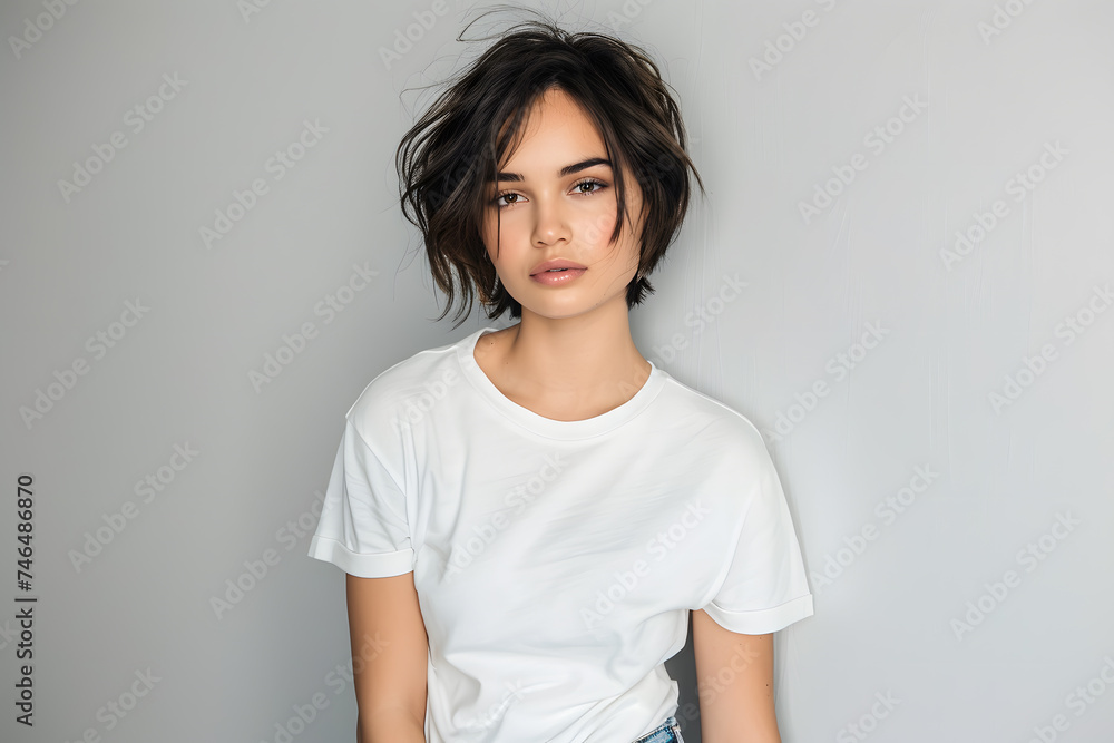 Young short hair brunette woman model in white T-shirt posing on light grey background Young short hair brunette woman model in white T-shirt posing on light grey background