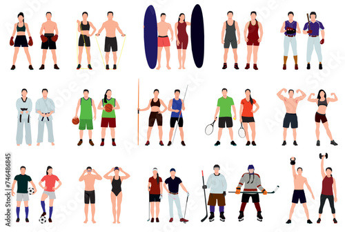 Group of sportsperson and athletes with equipment and tools. Realistic vector of sportsperson 