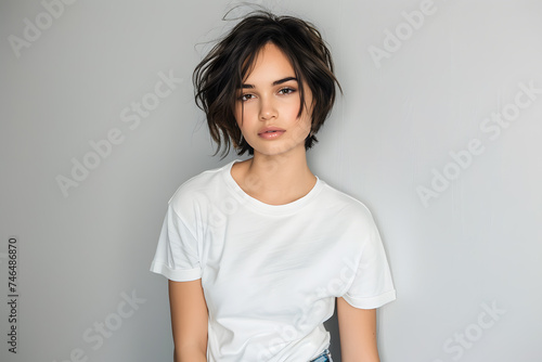 Young short hair brunette woman model in white T-shirt posing on light grey background