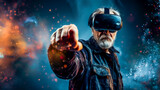 Old man wearing VR glasses and a leather jacket with his fist pointing forward against a colorful space background, with sparks flying around