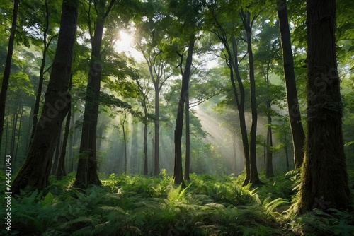 the sun shines through the trees in the forest, japan lush forest, forest ray light, peaceful lushious forest. 