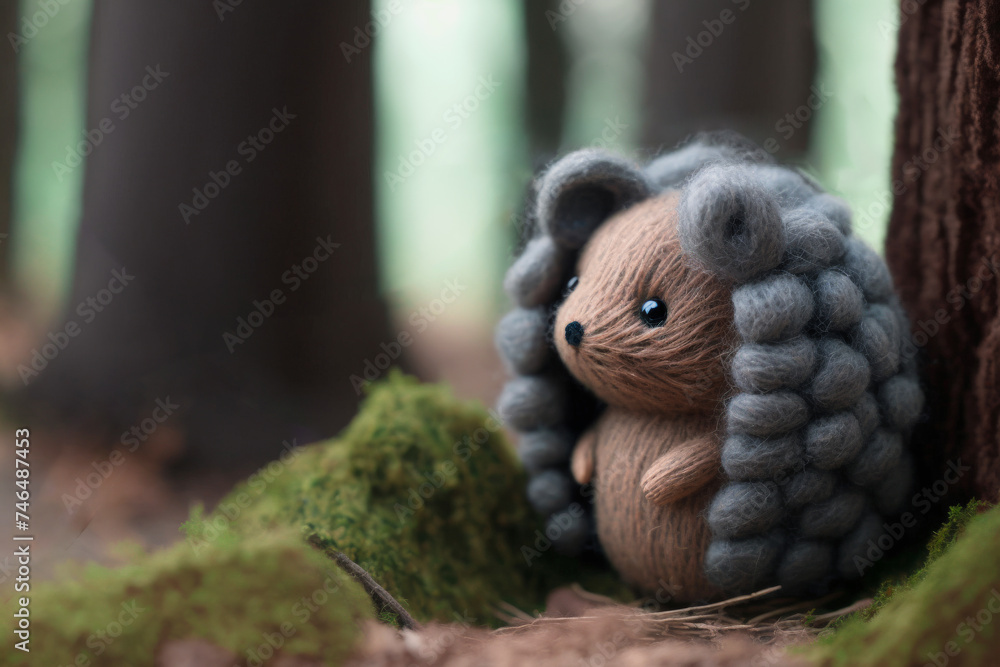 Handcrafted Hedgehog Toy in Forest Setting Handcrafted Hedgehog Toy in Forest Setting