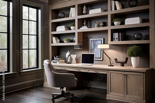 Sleek Shelving and Solid Wood  Elegant Transitional Style Home Office Designs