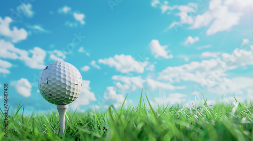 Golf ball on green grass with palm trees in the background.