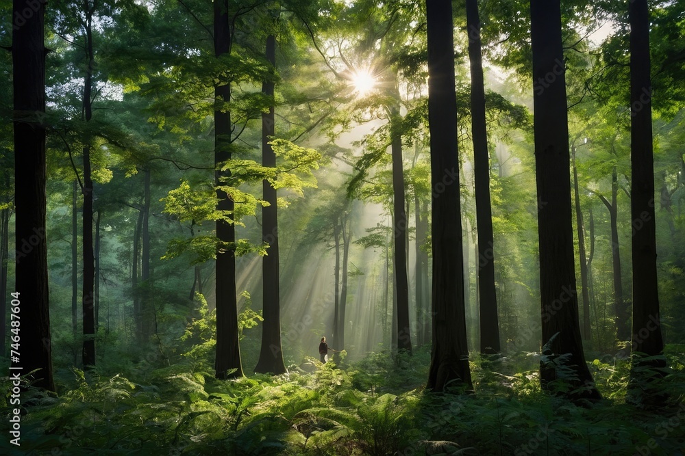 Naklejka premium the sun shines through the trees in the forest, japan lush forest, forest ray light, peaceful lushious forest, lush forest, beautiful forest.