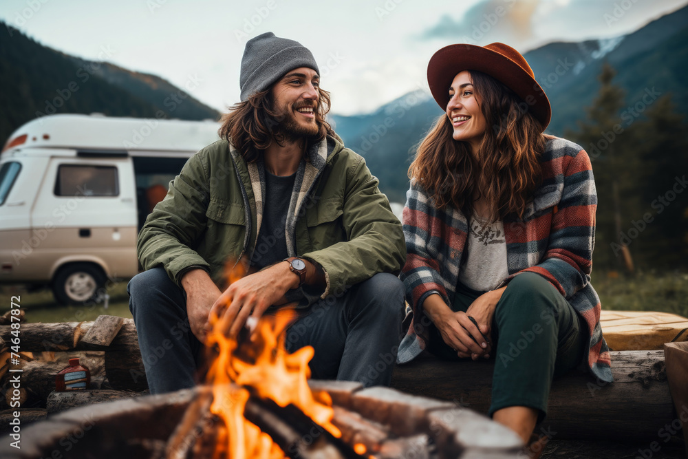 Couple Enjoying a Campfire in Nature