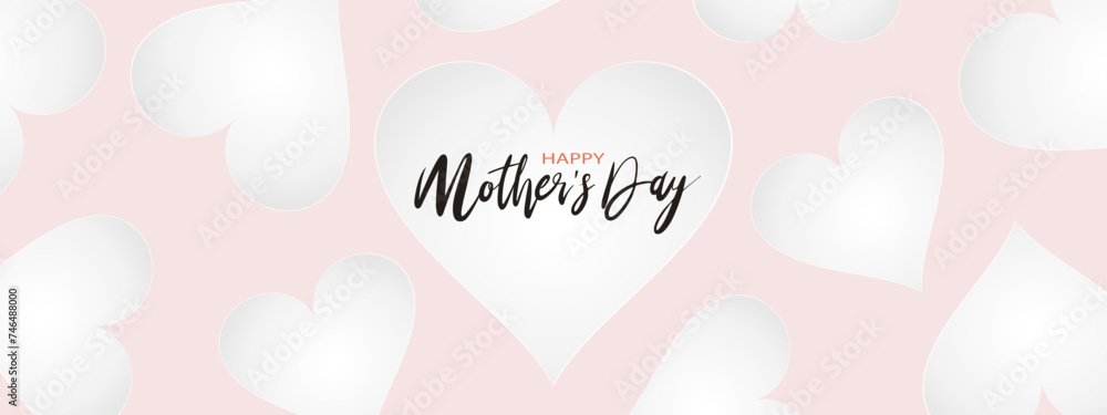 Happy Mother's day banner with Paper cute White Heart Shape on Pink Background,Vector illustration backdrop for greeting card