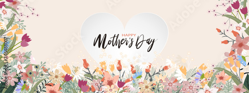 Happy Mother's day banner with heart shape,Multicolour Spring flowers border on beige background, Vector illustration horizontal backdrop of Beautiflu botanical border frame