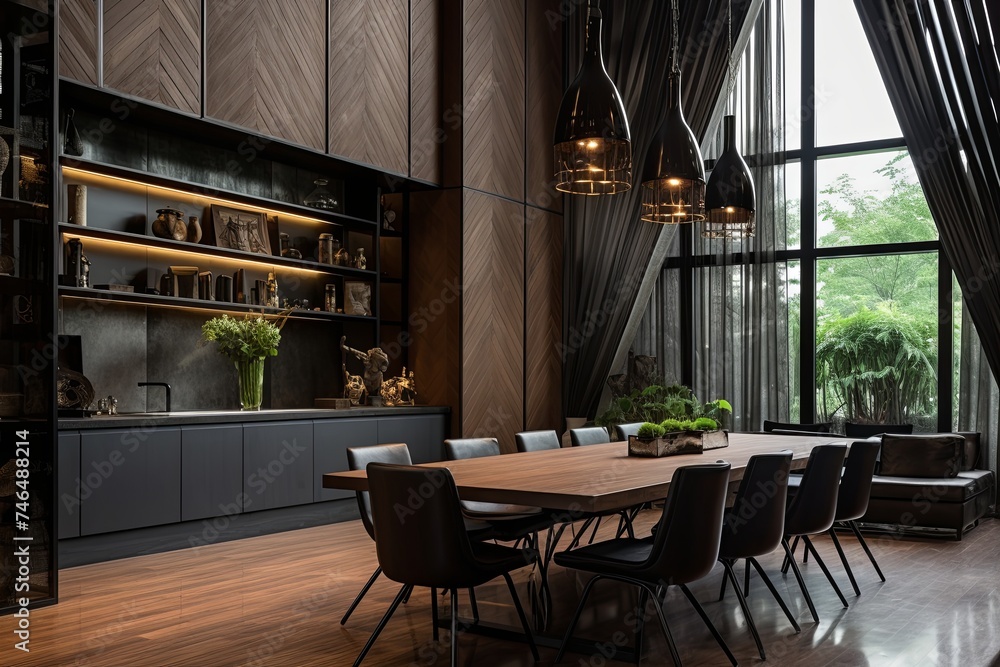 Urban Gothic Elegance: Modern Flats with Abstract Wood Panel Dining Room
