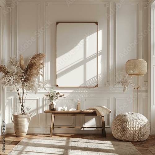 A chic white entryway with a minimalist console table and decorative mirror, featuring an empty text frame for welcoming messages or family names, cosy modern home interior, white,
