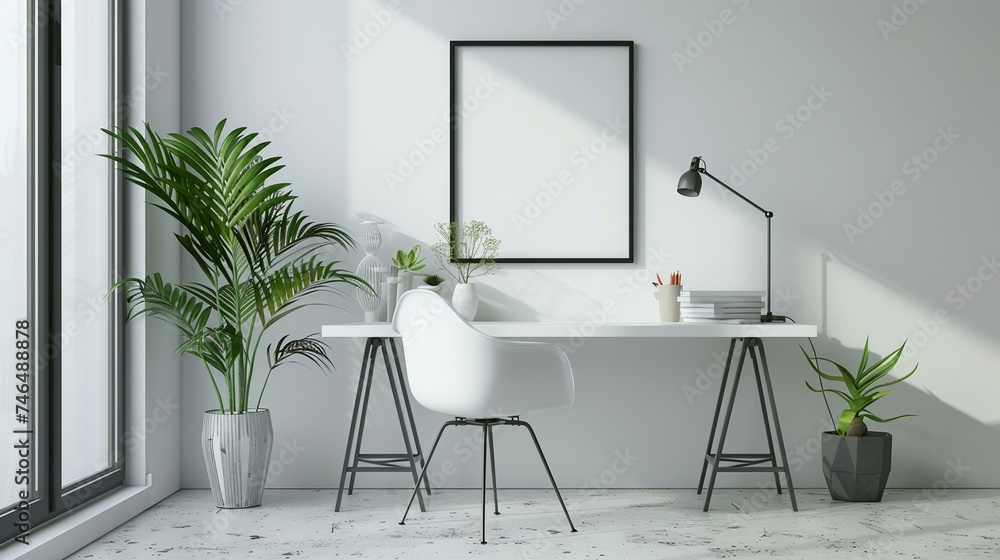 A modern white desk with sleek lines, paired with a comfortable chair for a stylish home office setup,cosy modern home interior,white,empty text frame,3d. A modern white desk with sleek lines, paired with a comfortable chair for a stylish home office setup,cosy modern home interior,white,empty text frame,3d.
