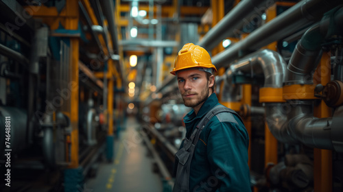 Portrait of a Male Worker Strength and Commitment Amid Factory Pipes