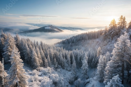 a view of a snowy mountain with trees in the foreground, beautiful snowy landscape, mystic winter landscape, snowy mountain landscape.  © Arman