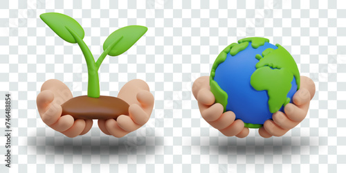 Set of eco illustrations in cartoon style. Hands hold plant, Earth in human palms