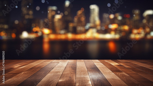 Empty minimal natural wooden table counter podium in the night city
