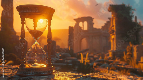An hourglass rests at the ruins of a civilization.