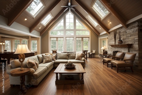 Wooden Floor Vaulted Ceiling Living Room with Coffee Table Center Design