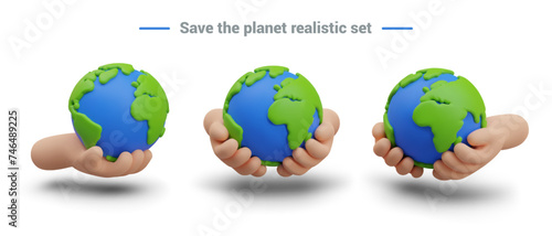 Earth in human palms. Hands hold globe. Vector image in plasticine style
