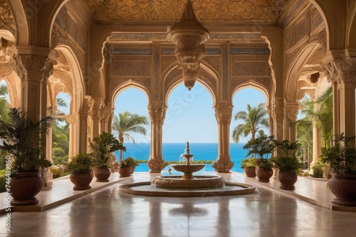 a large building with a fountain in the middle of it  a pool inside the giant palace   fountains and arches  ornate retreat  with palm trees and columns  arabic architecture